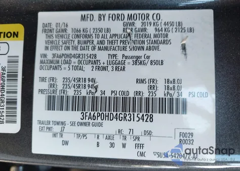 2016 Ford Fusion Se z USA, uszkodzony, nr VIN 3FA6P0HD4GR315428